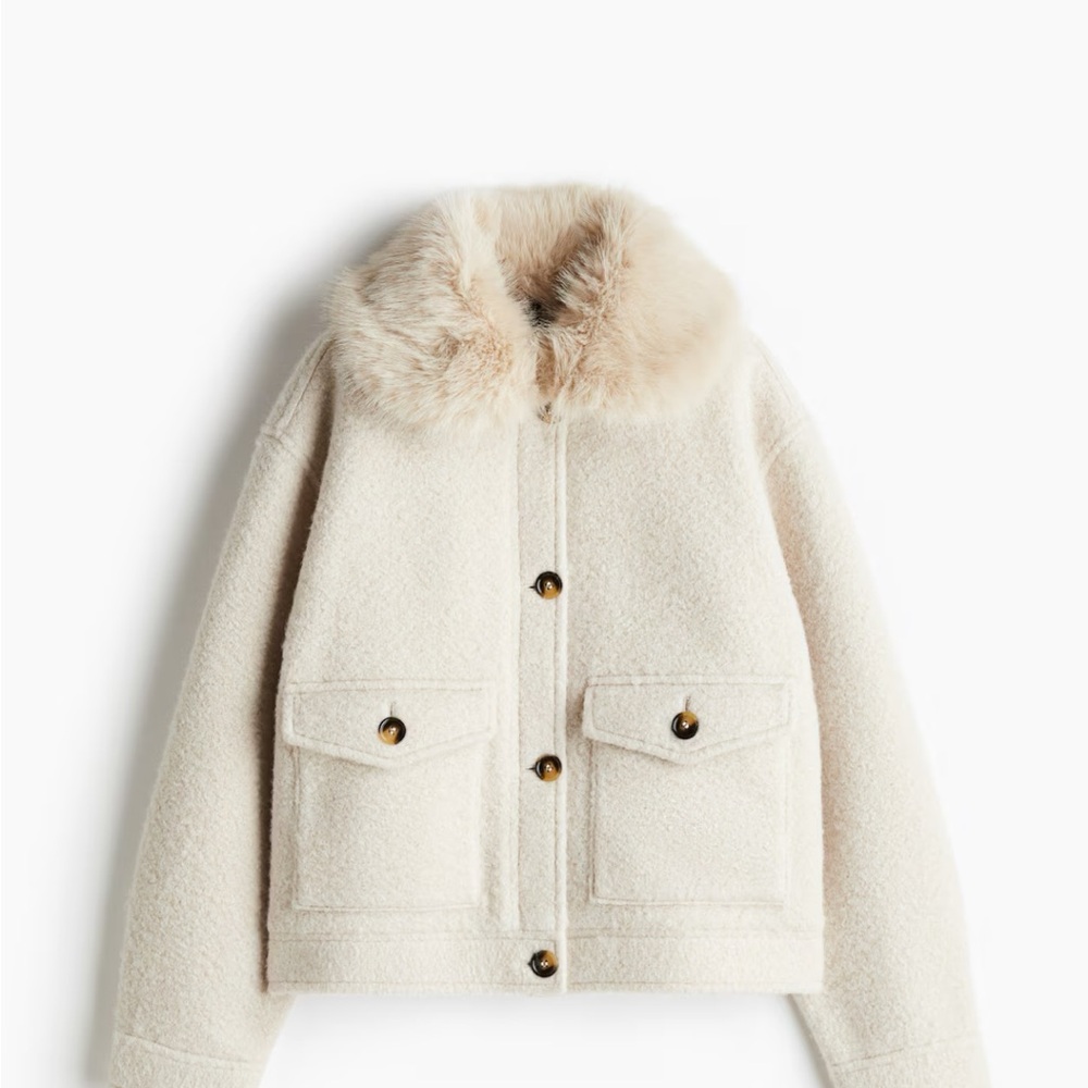 H&M Twill Jacket with Fluffy Removable Collar, Light Beige, M, LIKE NEW